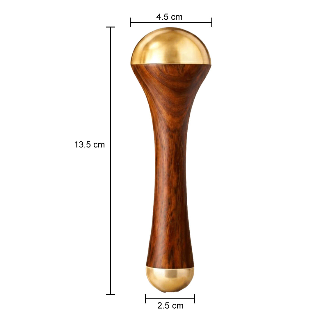 Wooden and bell metal massage tool with dimensions labelled on a white background