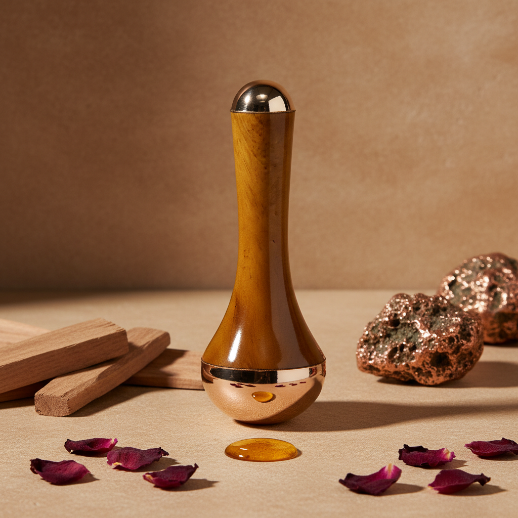 A wooden and metallic massage or beauty tool stands upright on a beige surface against a warm brown backdrop, with rose petals, small wooden blocks, and copper-colored stones arranged around it.