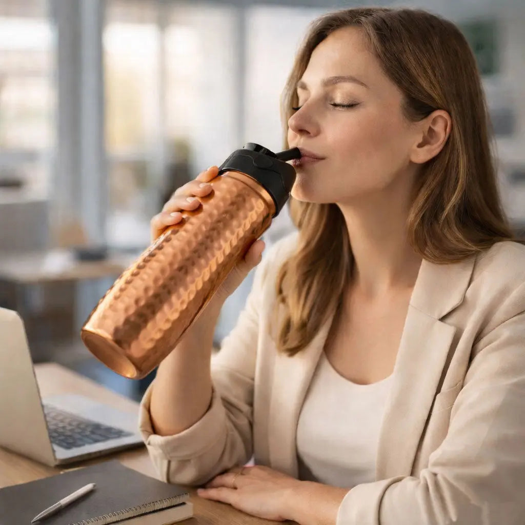 lady sitting on office desk sipping on atomic29 copper water bottle
