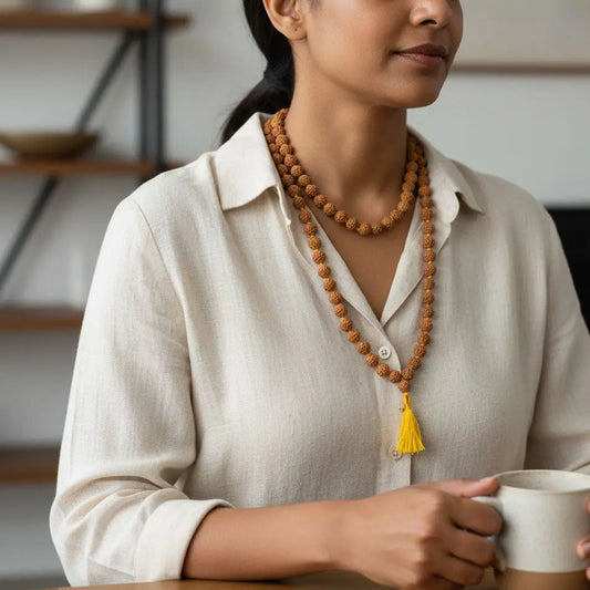 Woman with rudraksha mala in her neck and holding a mug with a blurred background