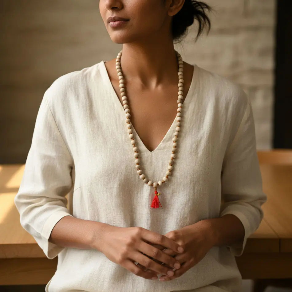 person wearing tulsi mala on her neck with hands joined