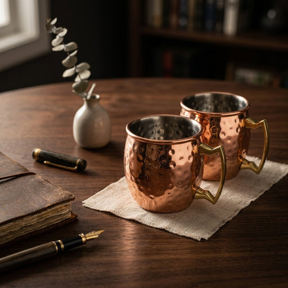 Two copper mugs on a wooden table with a notebook and pen.