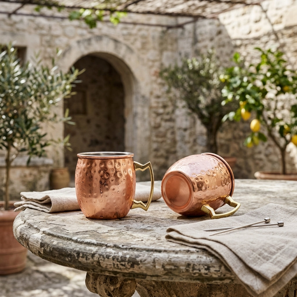 Two copper mugs on a stone table with a rustic background