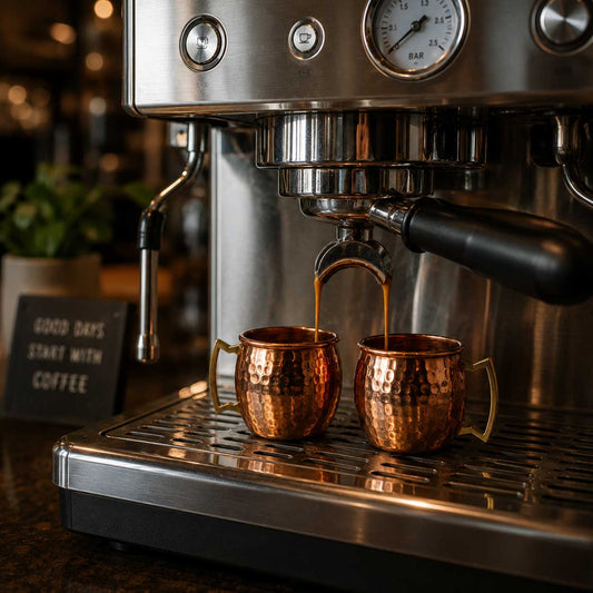 Espresso machine pouring coffee into two copper mugs with a blurred background.