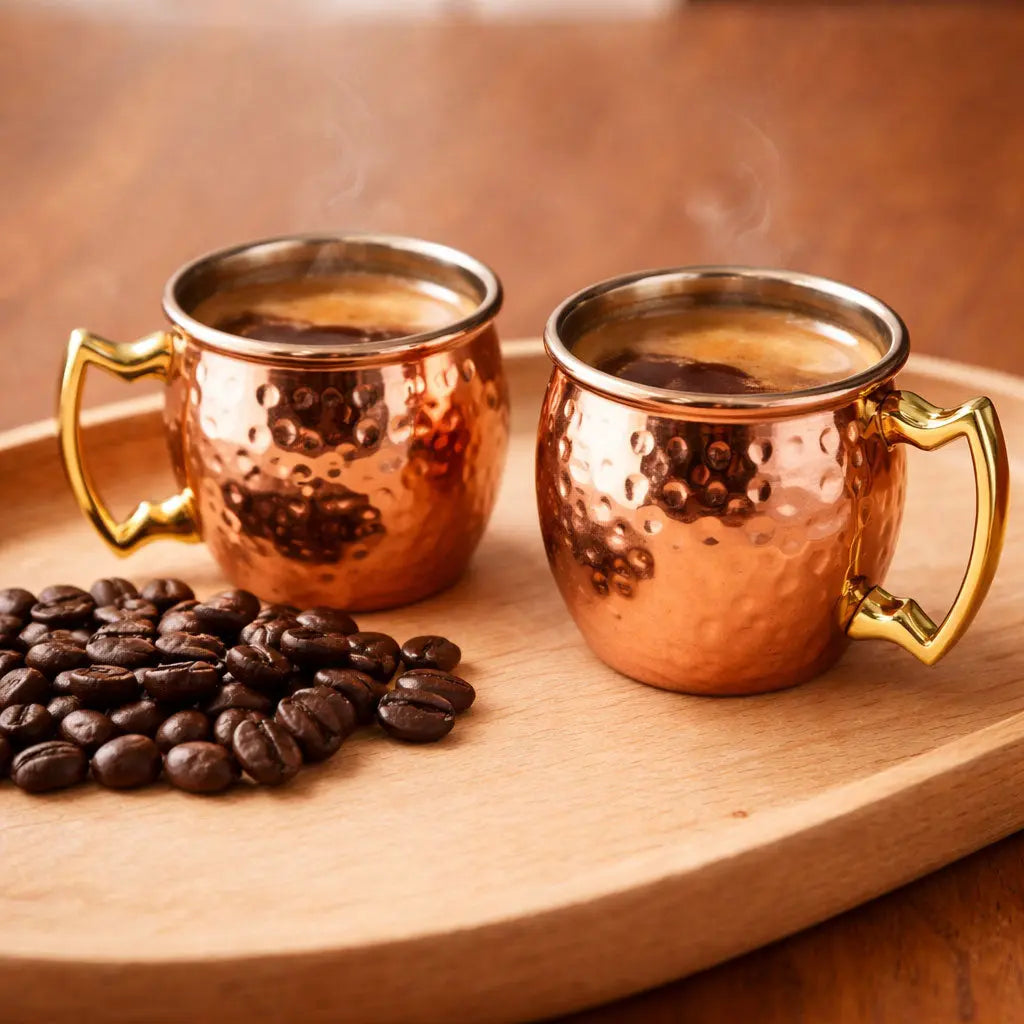 Two copper shot mugs with gold handles on a wooden tray with coffee beans.