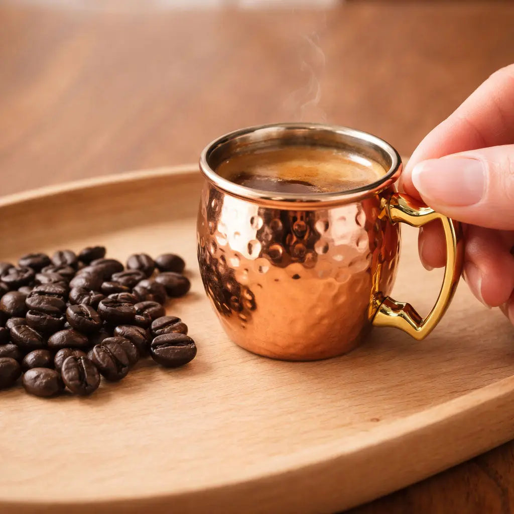 Copper shot mug with steaming coffee on a wooden tray with coffee beans