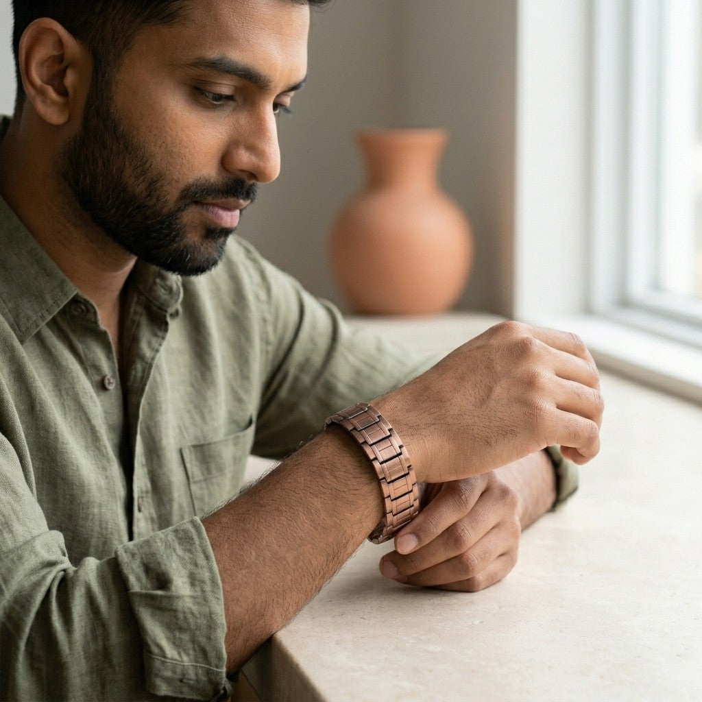 A man wearing a copper link bracelet, looking down at his wrist as he embraces bracelet. He is wearing an olive green button-down shirt and is seated at a light-coloured table with a blurred terracotta vase in the background.