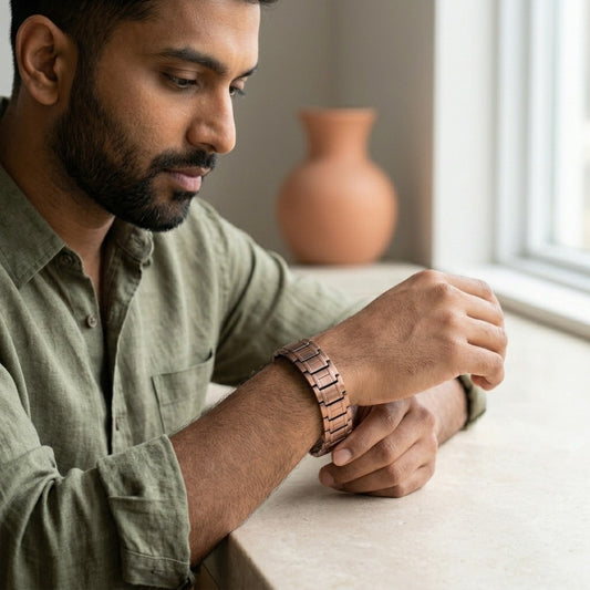 A man wearing a copper link bracelet, looking down at his wrist as he embraces bracelet. He is wearing an olive green button-down shirt and is seated at a light-coloured table with a blurred terracotta vase in the background.