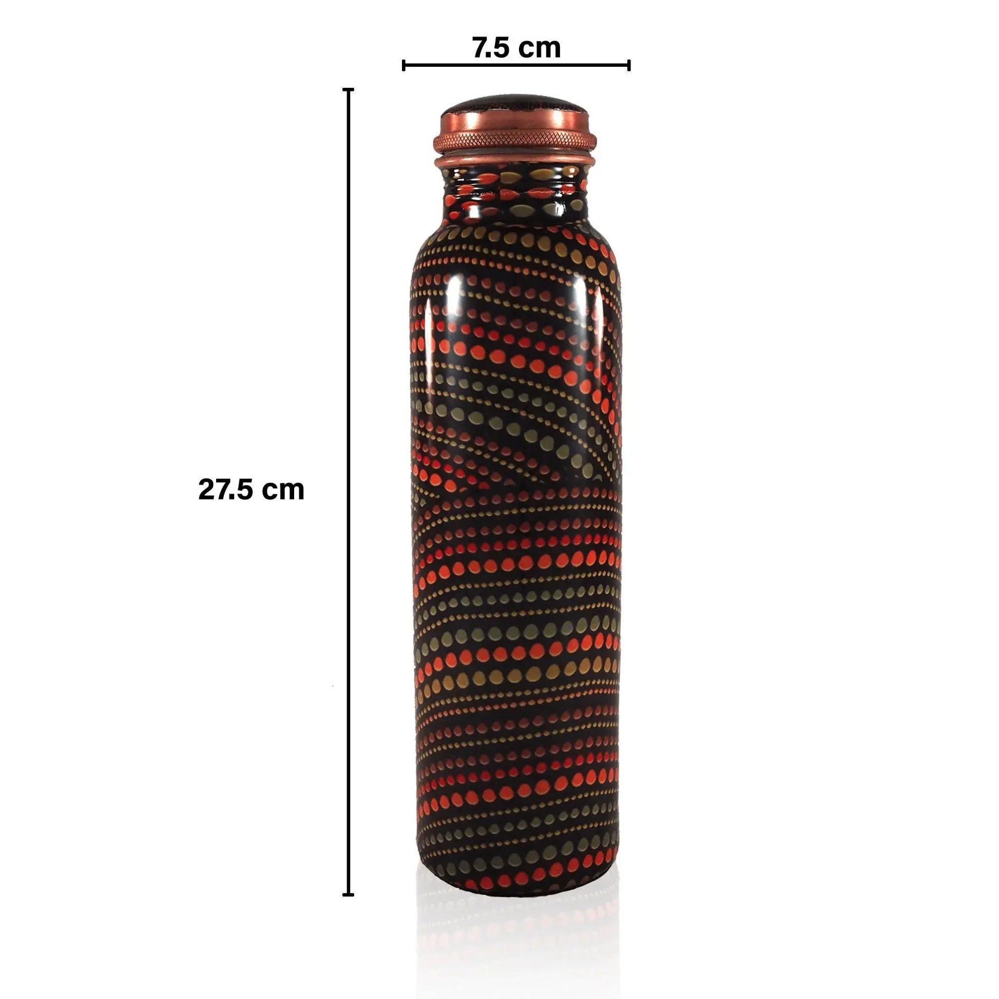 Black and red patterned native water bottle with measurements on a white background