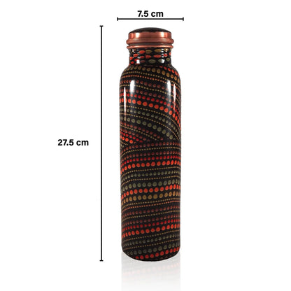 Black and red patterned native water bottle with measurements on a white background