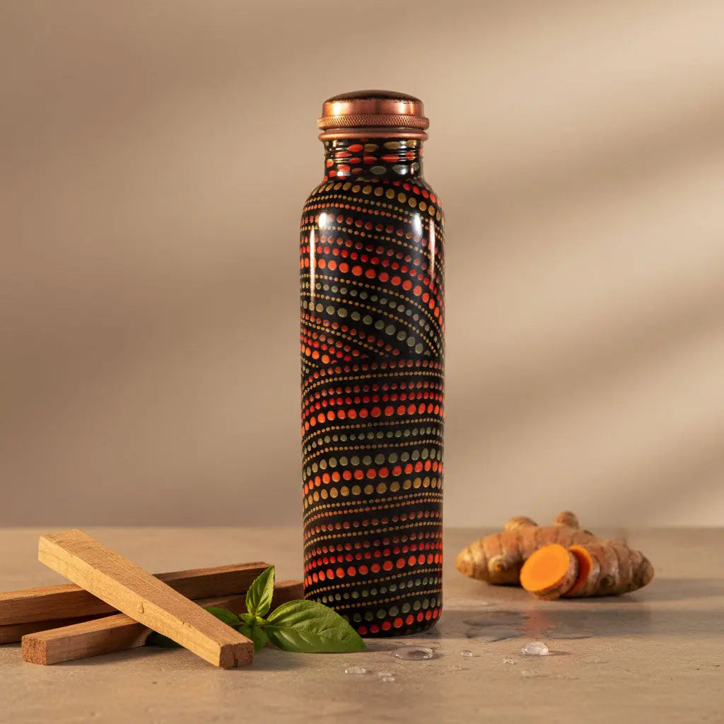 Decorative copper water bottle with a pattern on a wooden surface with turmeric and cinnamon sticks.
