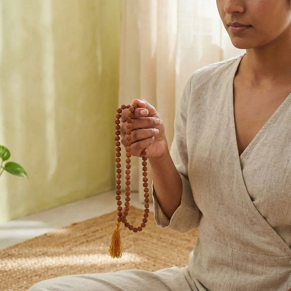 Person holding a rudraksha rosary in a serene indoor setting