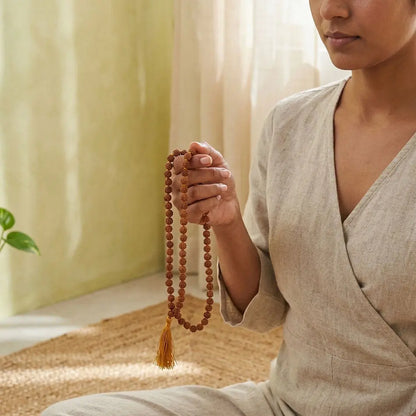 Person holding a rudraksha rosary in a serene indoor setting