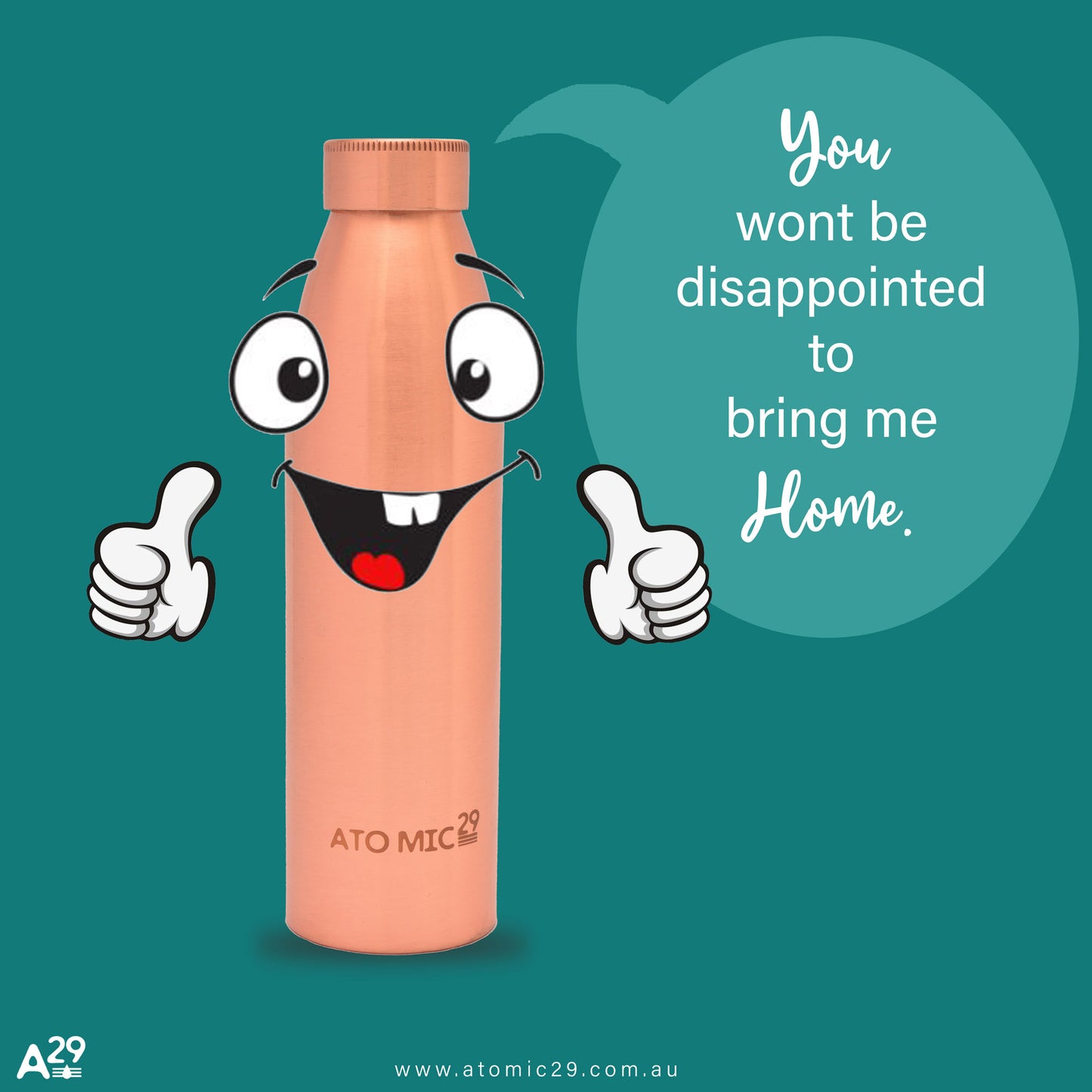 Animated copper water bottle with a face and text on a teal background