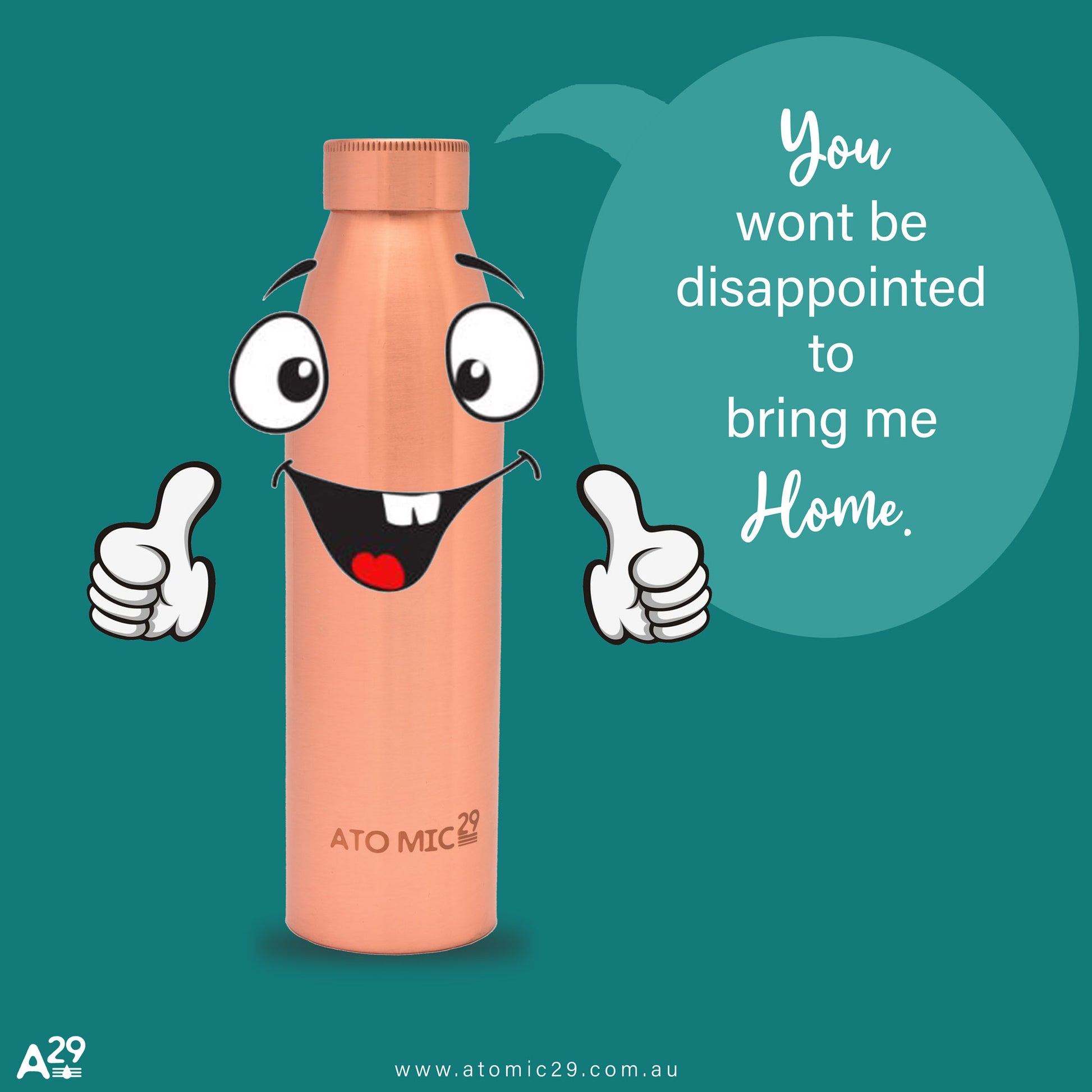 Animated copper water bottle with a face and text on a teal background