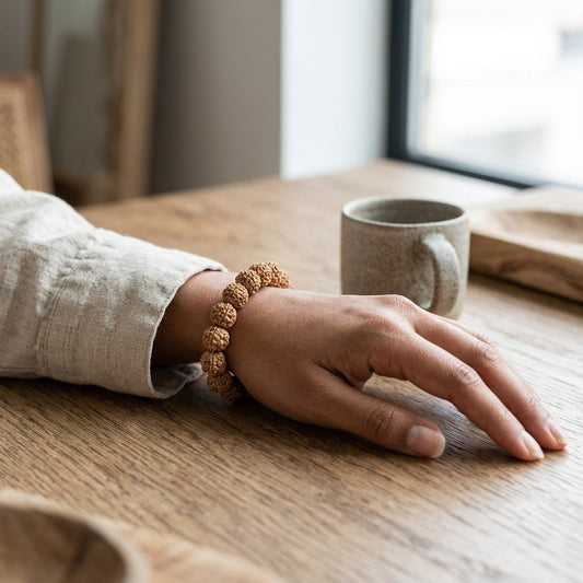 A person's hand resting on a wooden table, wearing rudraksha bracelet. A speckled ceramic mug is visible in the background near a window.
