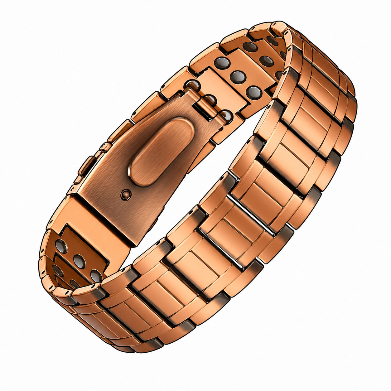 A copper link bracelet band with a spring ring clasp, shown on a solid white background.