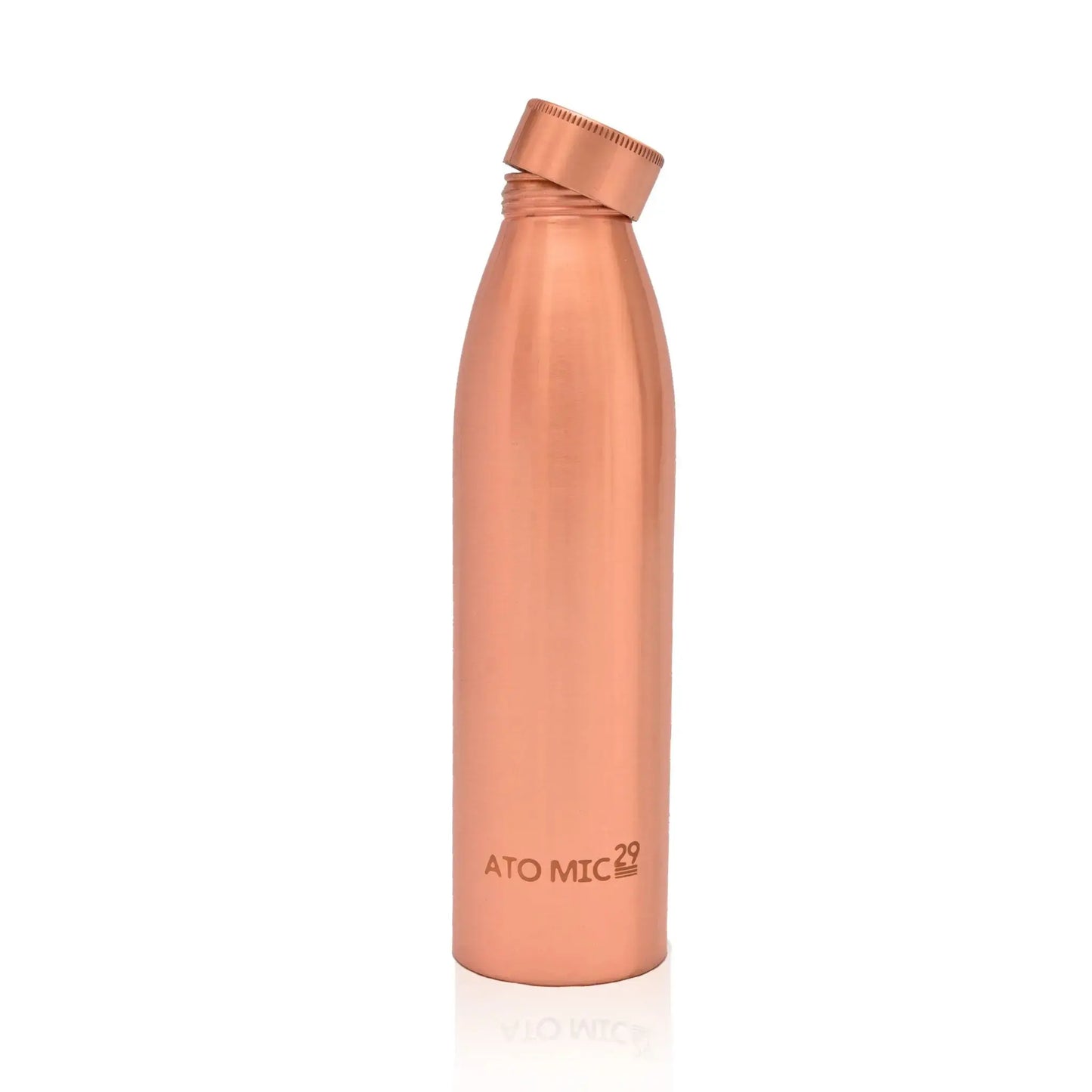 copper water bottle with 'ATOMIC29' branding on a white background