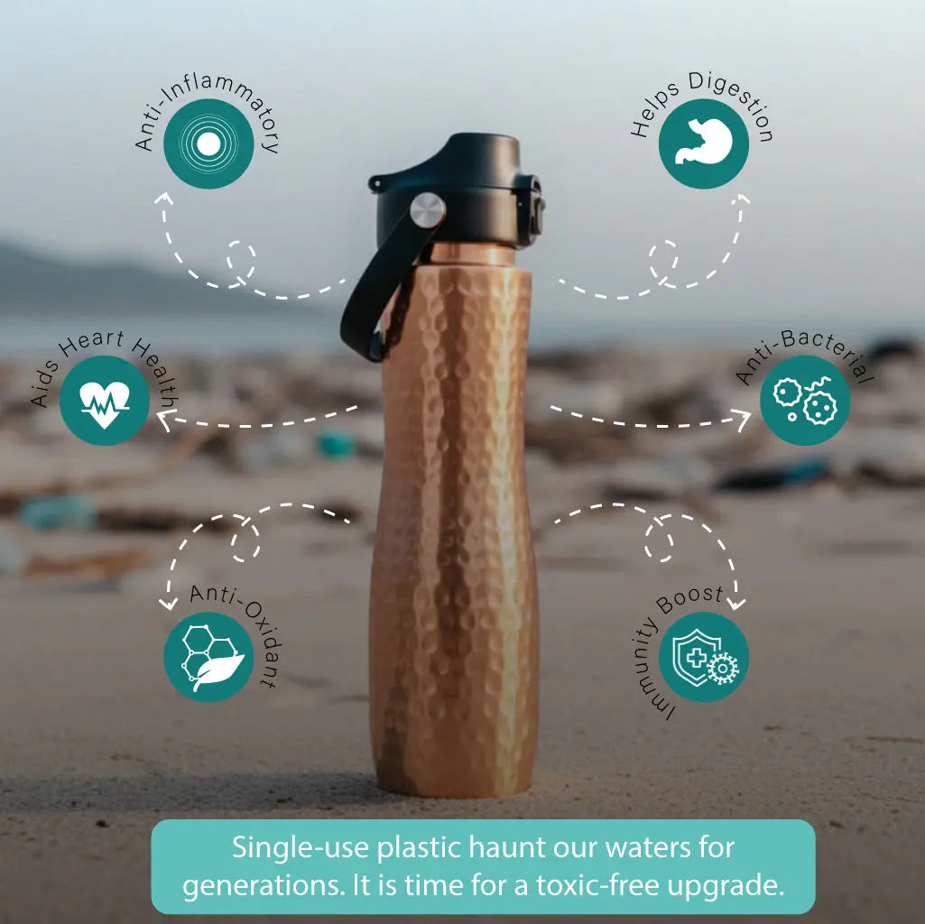 copper water bottle with health benefits on a beach background