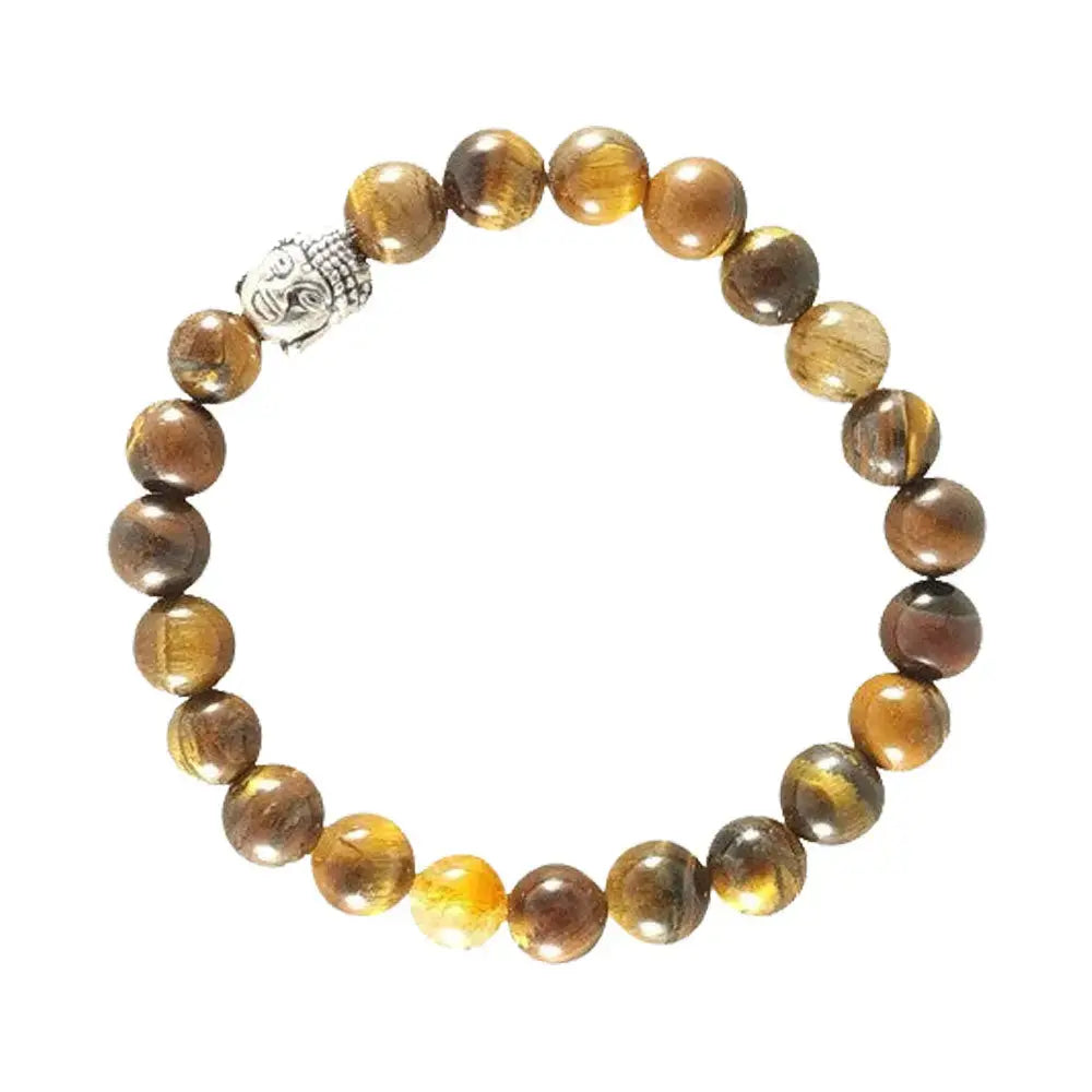 Beaded bracelet with tiger eye stones and a silver Buddha charm on a white background